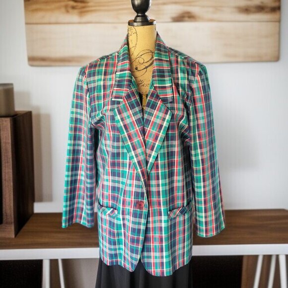 Alfred Dunner Vintage Plaid Women's Blazer Jacket Green Navy Button Closure SZ 1 - Picture 1 of 9